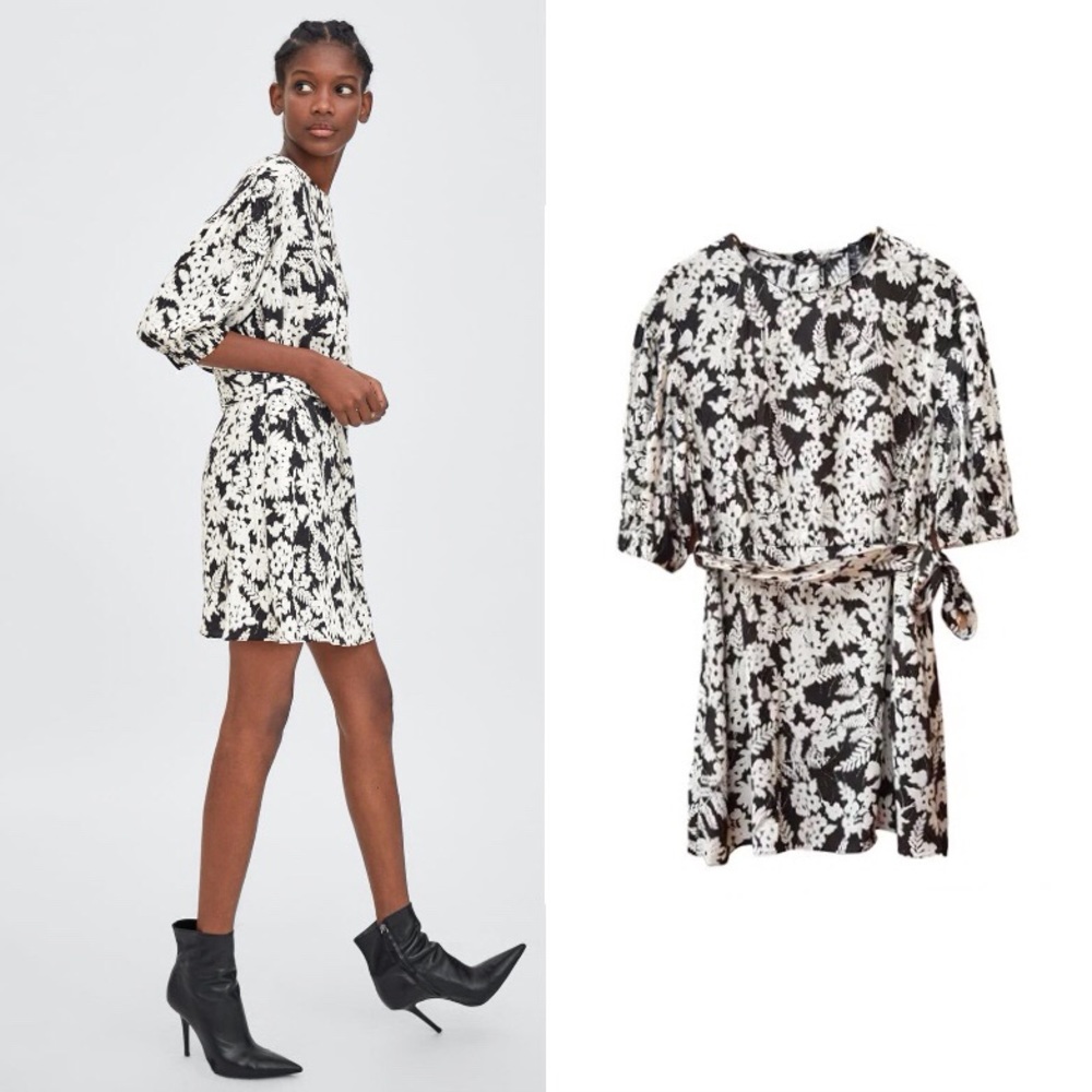 Zara NWT Floral Buttoned & Belted Mini Dress Small